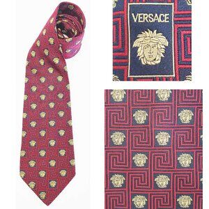 Gianni Versace Mens Woven Medusa Geometric Design Black Red Gold Neck Tie VTG
